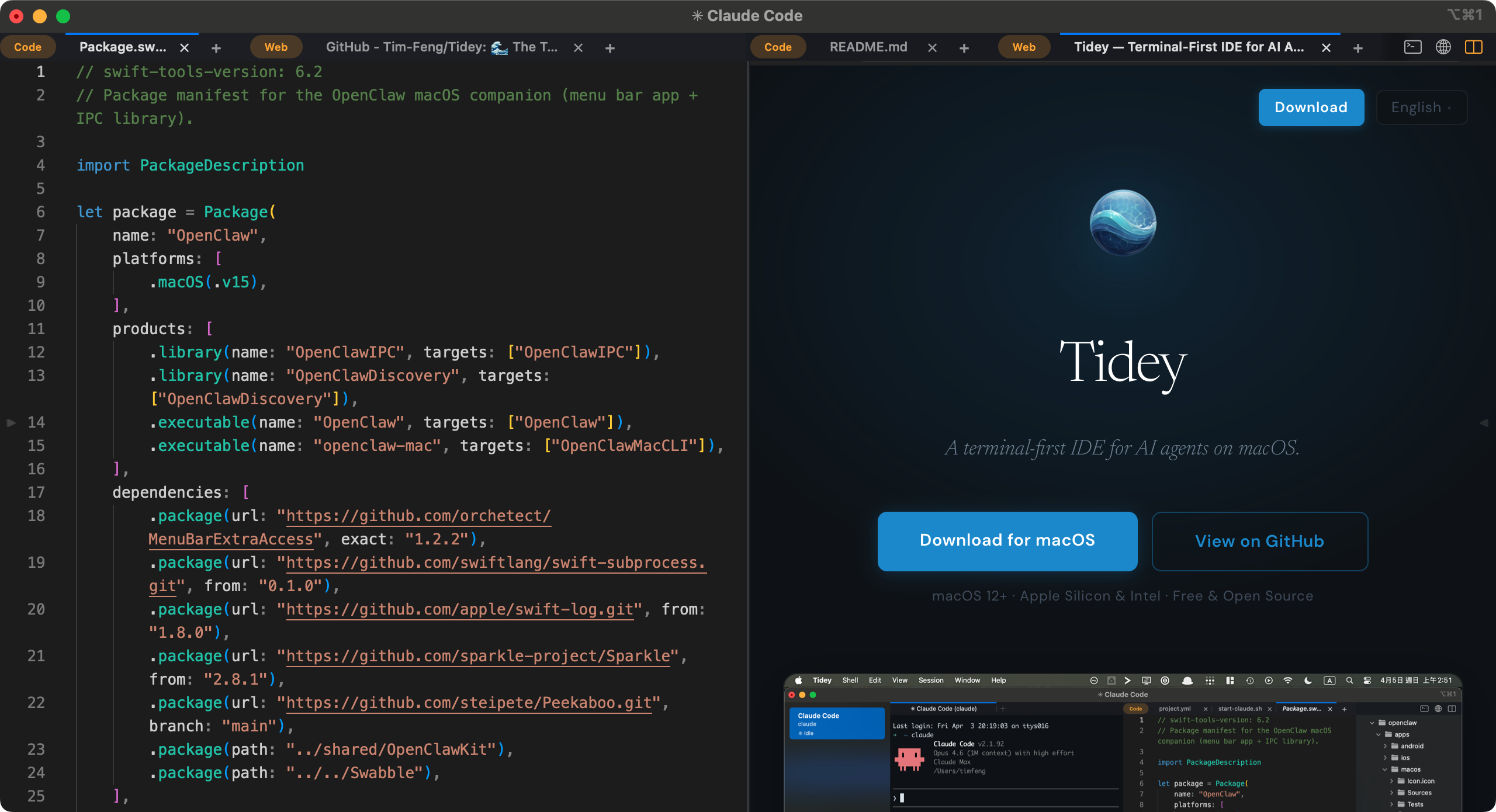 Split view — code and browser